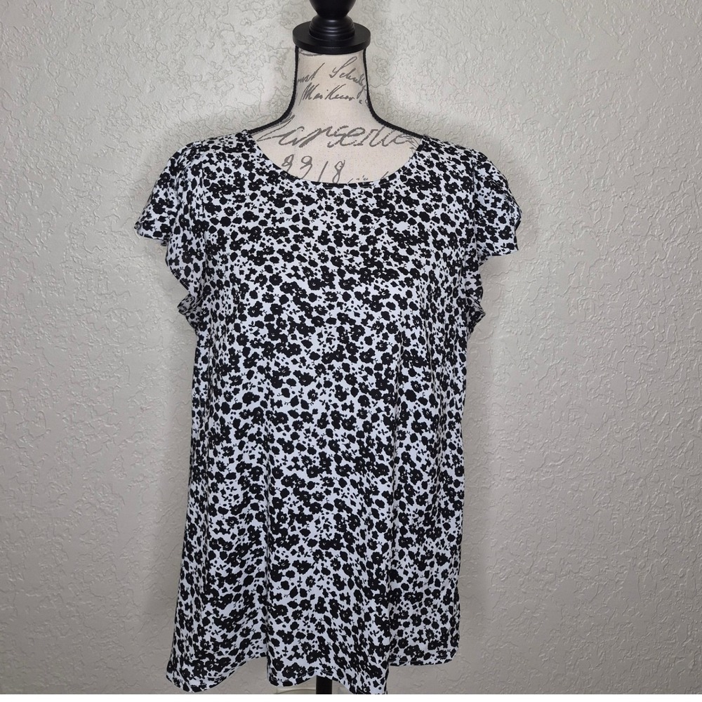 Ann Taylor LOFT Black White Floral Flutter Sleeve Blouse Top Large